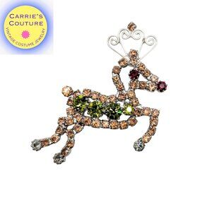 Vintage 1960s Signed Hobe Rhodium Plated Rhinestone Reindeer Brooch